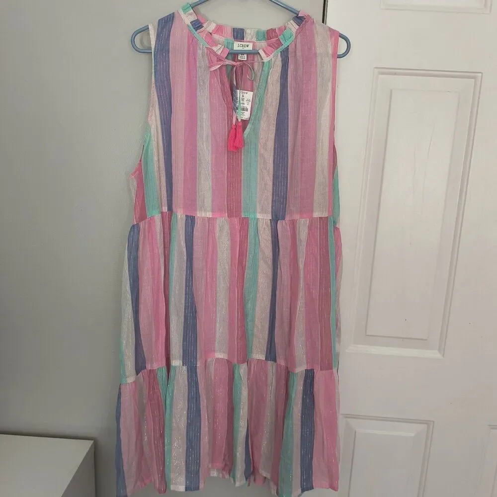 J.Crew Dress NEW 3X Pink Multi Ruffle Shimmer Beach Tiered Metallic Swim Coverup